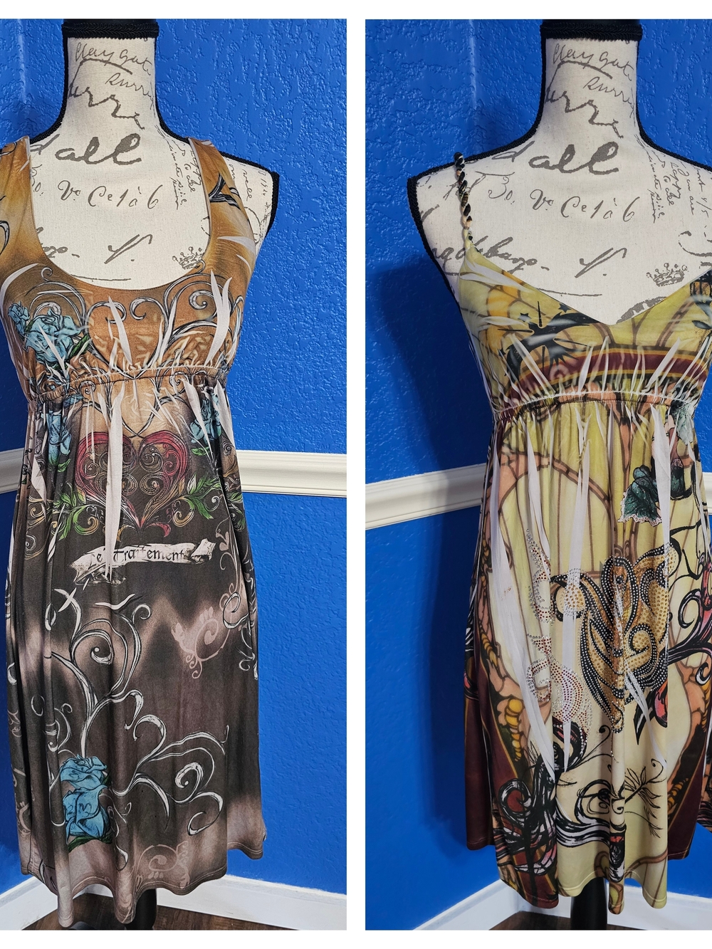 2 Printed Sleeveless Empire-Waist Dresses in Multicolor